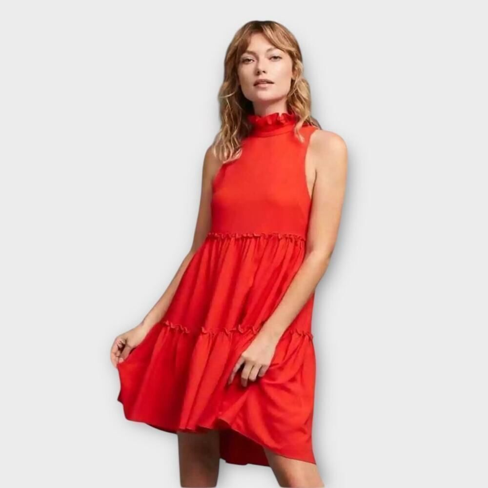 Elliatt Sonnet Dress Red Women's X-Small Mock Neck Sleeveless Tiered Ruffle